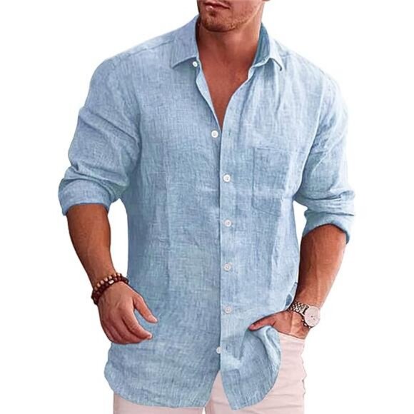 Men's Casual Button Down Shirt Long Sleeve Linen Chambray Shirt - Picture 6 of 6